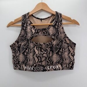 Pink Soda Sport Snakeskin Sports Bra Womens M/L* Tan Black Racerback Cutout Logo